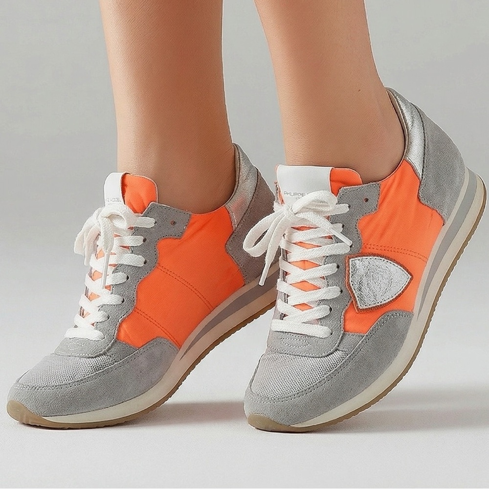 Philippe Model Women's suede Vibrant Orange and Gray Sneakers shoes sz 5.5